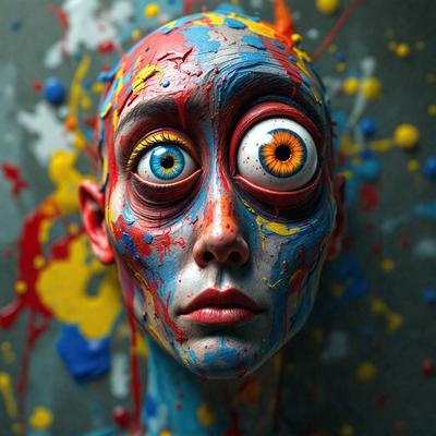 The primary subject of the image is a face with a blue and yellow background. The face is painted with a mix of blue and yellow colors, giving it a unique and artistic appearance. The setting appears to be a painting or a digital artwork, as the colors and mood are vibrant and lively. The visual style of the image is a combination of painting and digital art, creating a striking and eye-catching piece of art.